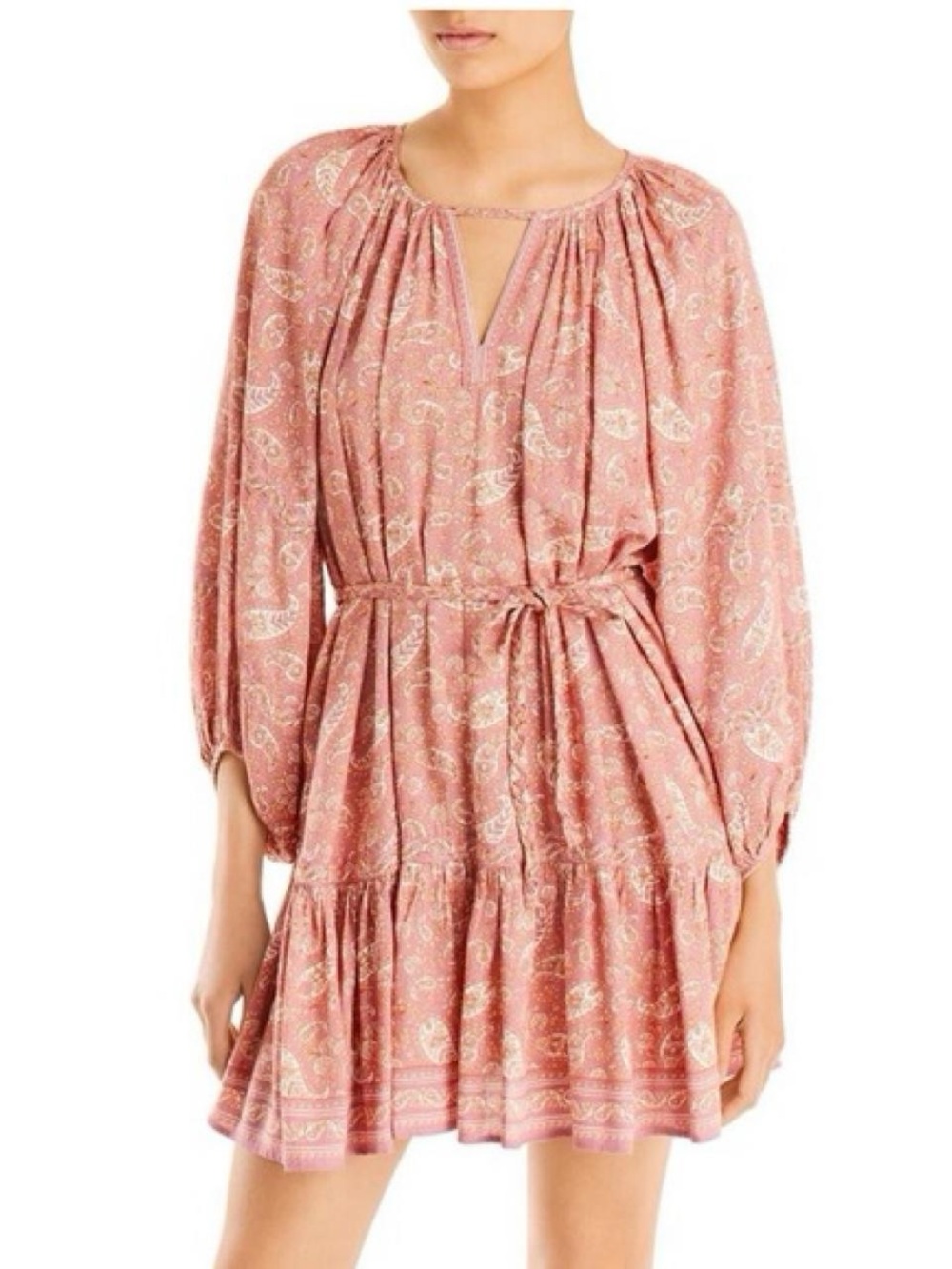 Aqua Dusty Rose Paisley Long-Sleeve Tie-Waist Dress